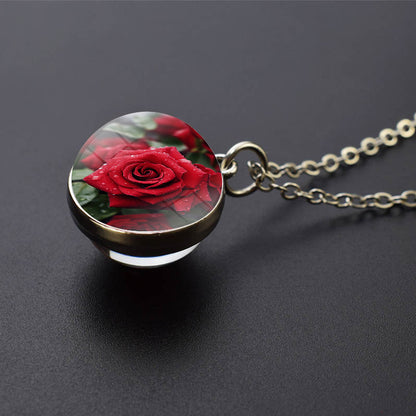 Unique Romantic Flowers Silver Necklace - Beautiful blooming flowers Jewelry - Double Side Glass Ball Pendent Necklace - Perfect Lovers Gift 1