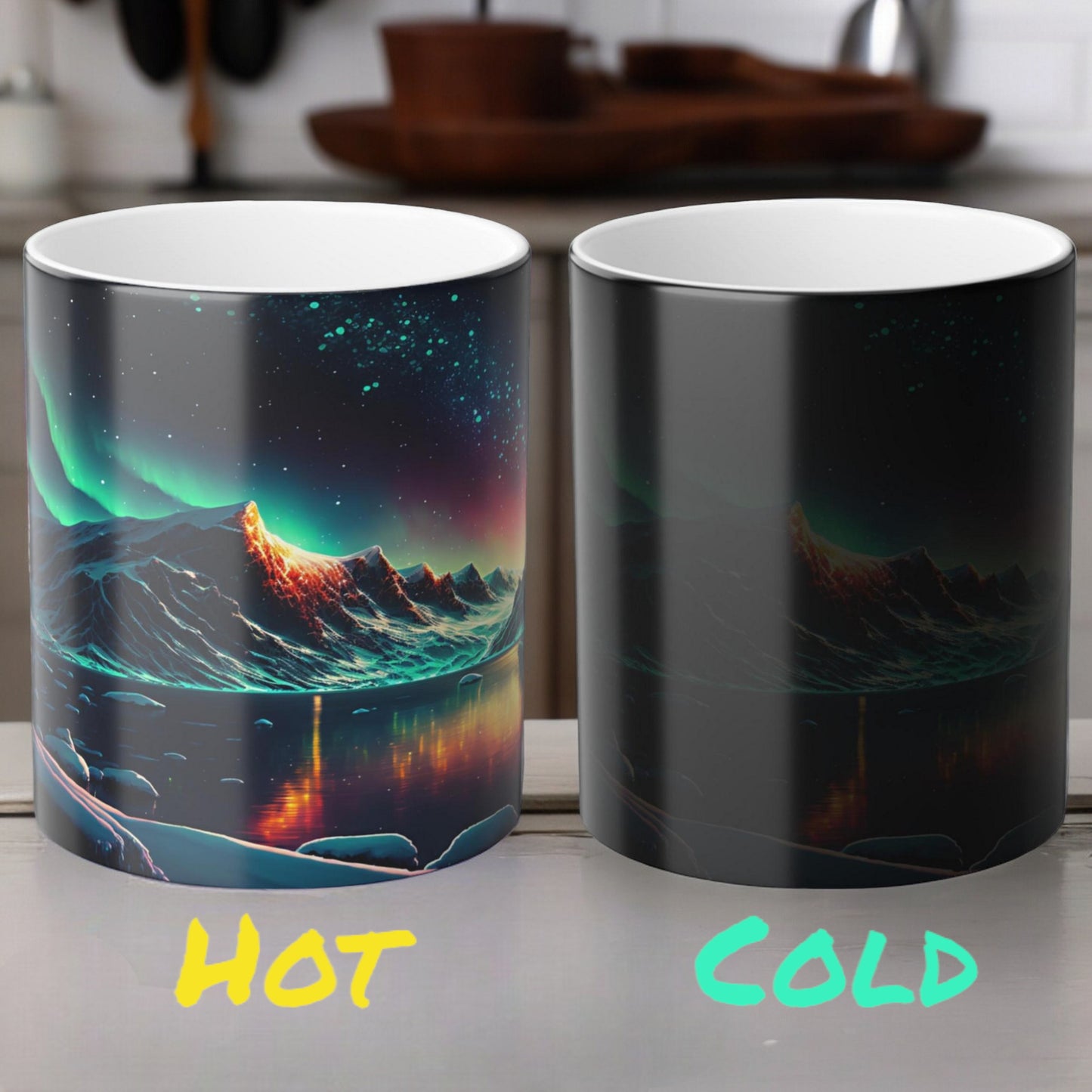 Fortryllende Aurora Borealis varmefølsomt krus - Northern Lights Magic Color Morphing-krus 11 oz - Heat Reactive Night Sky Coffee Cup - Perfekt gave til naturelskere