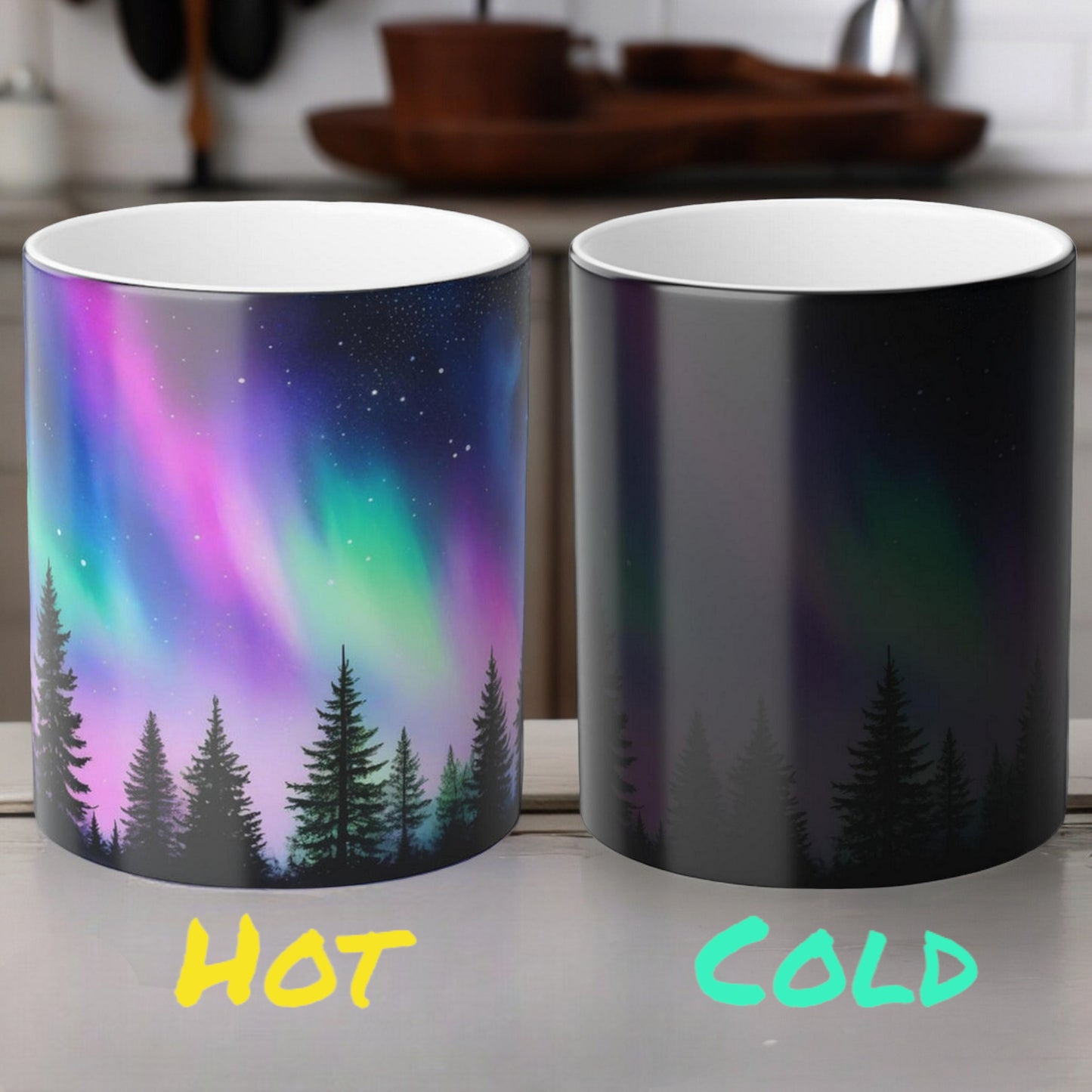 Lumoava Aurora Borealis Heat Sensitive Muki - Northern Lights Magic Color Morphing Muki 11 unssia - Heat Reactive Night Sky Coffee Cup - Täydellinen lahja luonnon ystäville