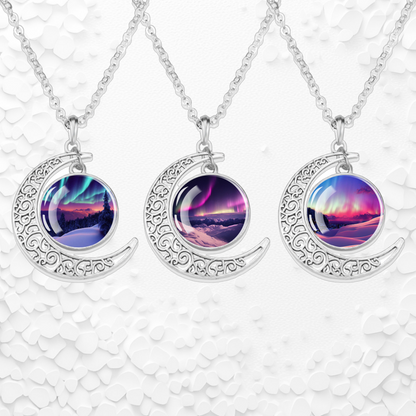 Luminous Aurora Borealis Crescent Necklace- Northern Light Jewelry - Unique Crescent Glass Cabochon Pendent Necklace - Perfect Aurora Lovers Gift