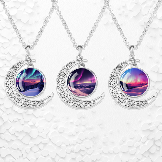 Collier lumineux Aurora Borealis Crescent - Bijoux Northern Light - Collier pendentif cabochon en verre croissant unique - Cadeau parfait pour les amoureux des aurores boréales 