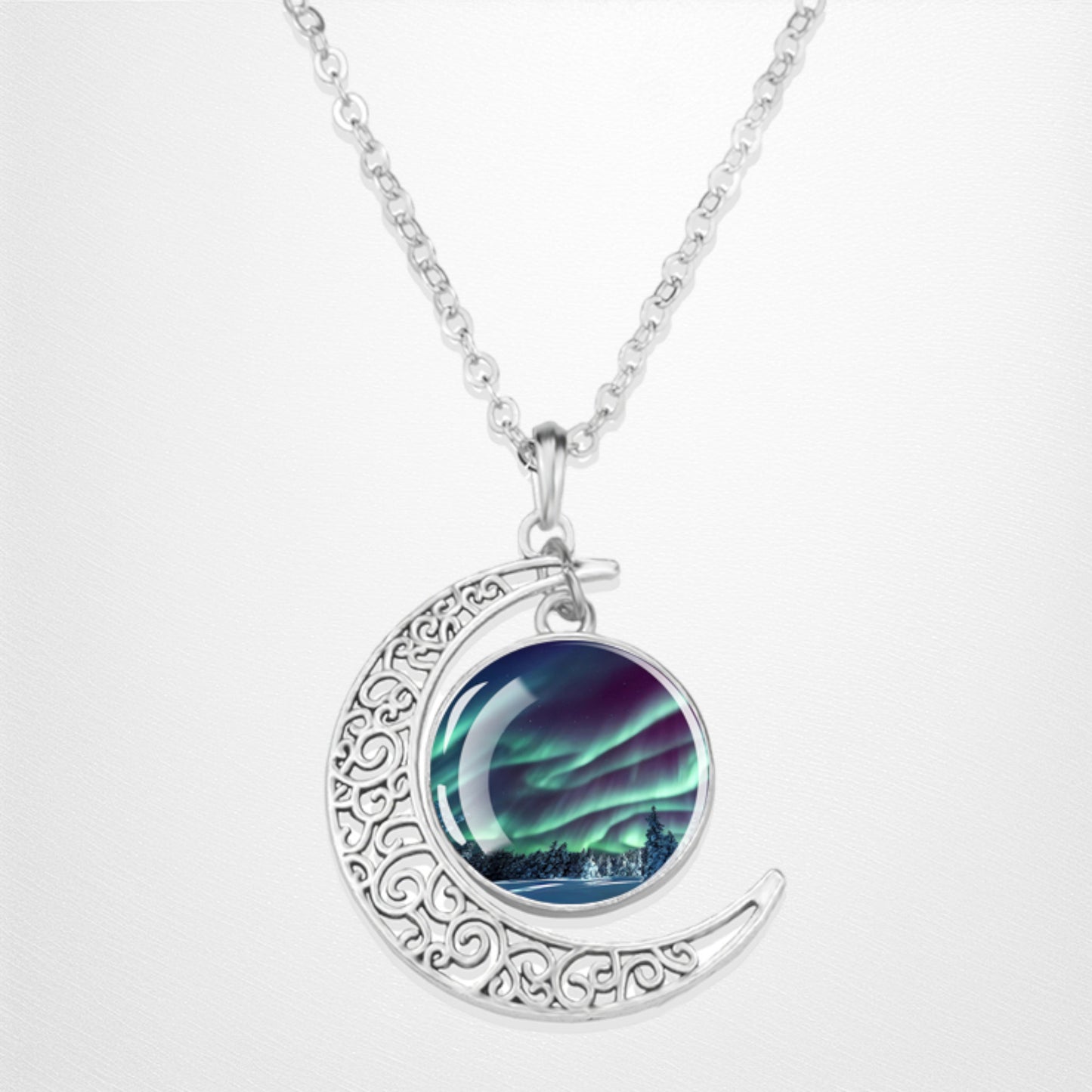 Collier lumineux Aurora Borealis Crescent - Bijoux Northern Light - Collier pendentif cabochon en verre croissant unique - Cadeau parfait pour les amoureux des aurores boréales 