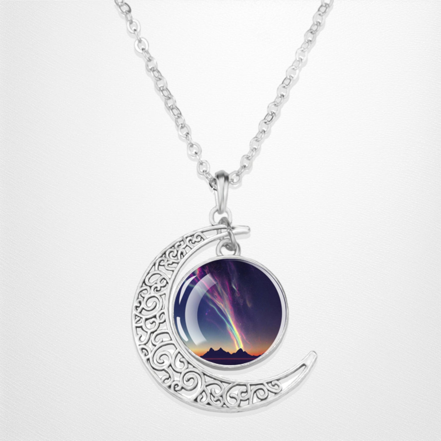 Luminous Aurora Borealis Crescent Necklace- Northern Light Jewelry - Unique Crescent Glass Cabochon Pendent Necklace - Perfect Aurora Lovers Gift