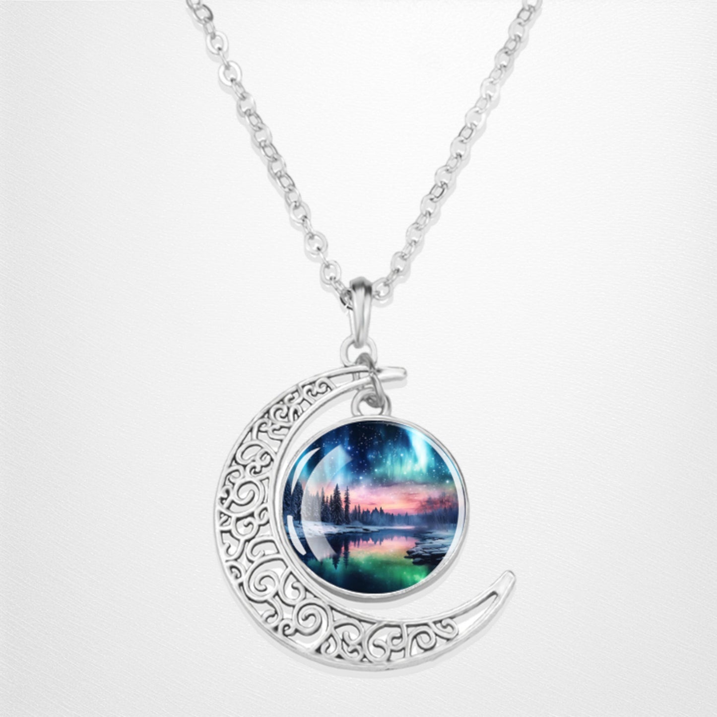 Luminous Aurora Borealis Crescent Necklace- Northern Light Jewelry - Unique Crescent Glass Cabochon Pendent Necklace - Perfect Aurora Lovers Gift