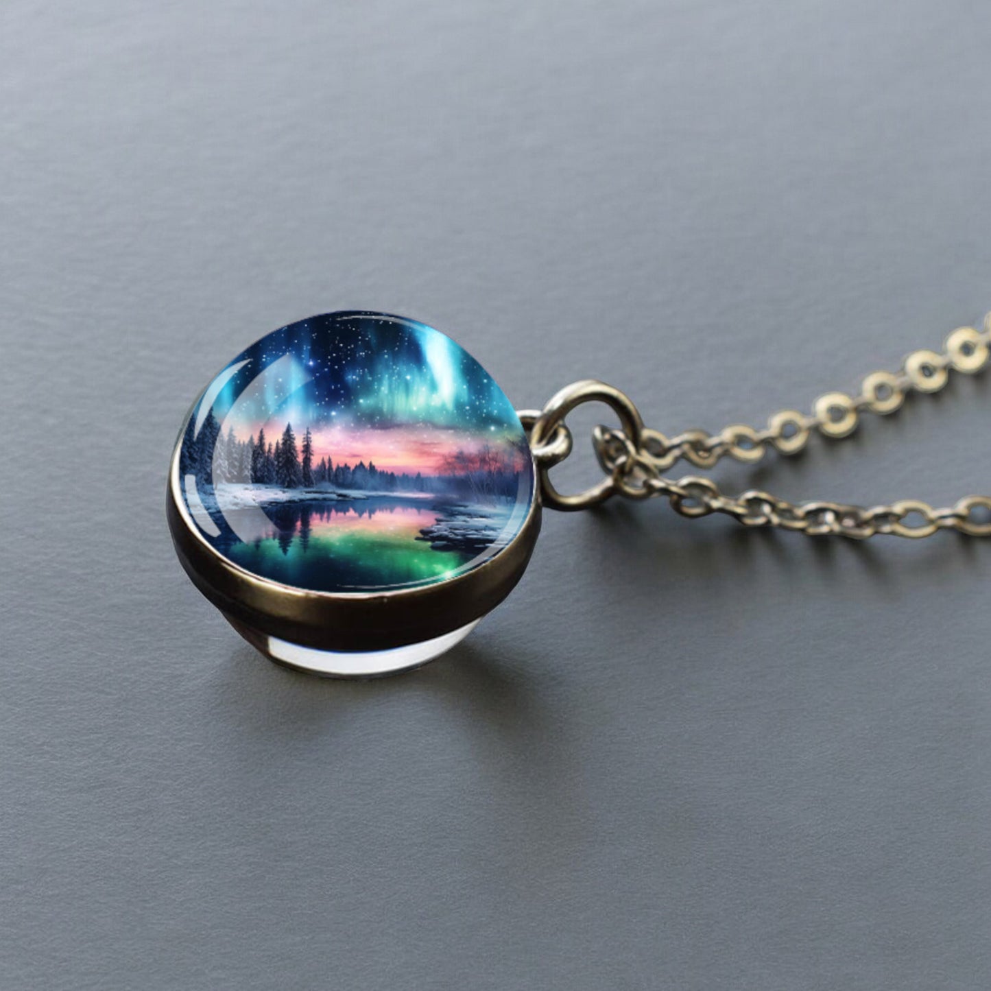 Luminous Aurora Borealis Silver Necklace- Northern Light Jewelry - Unique Double Side Glass Ball Pendent Necklace - Perfect Aurora Lovers Gift