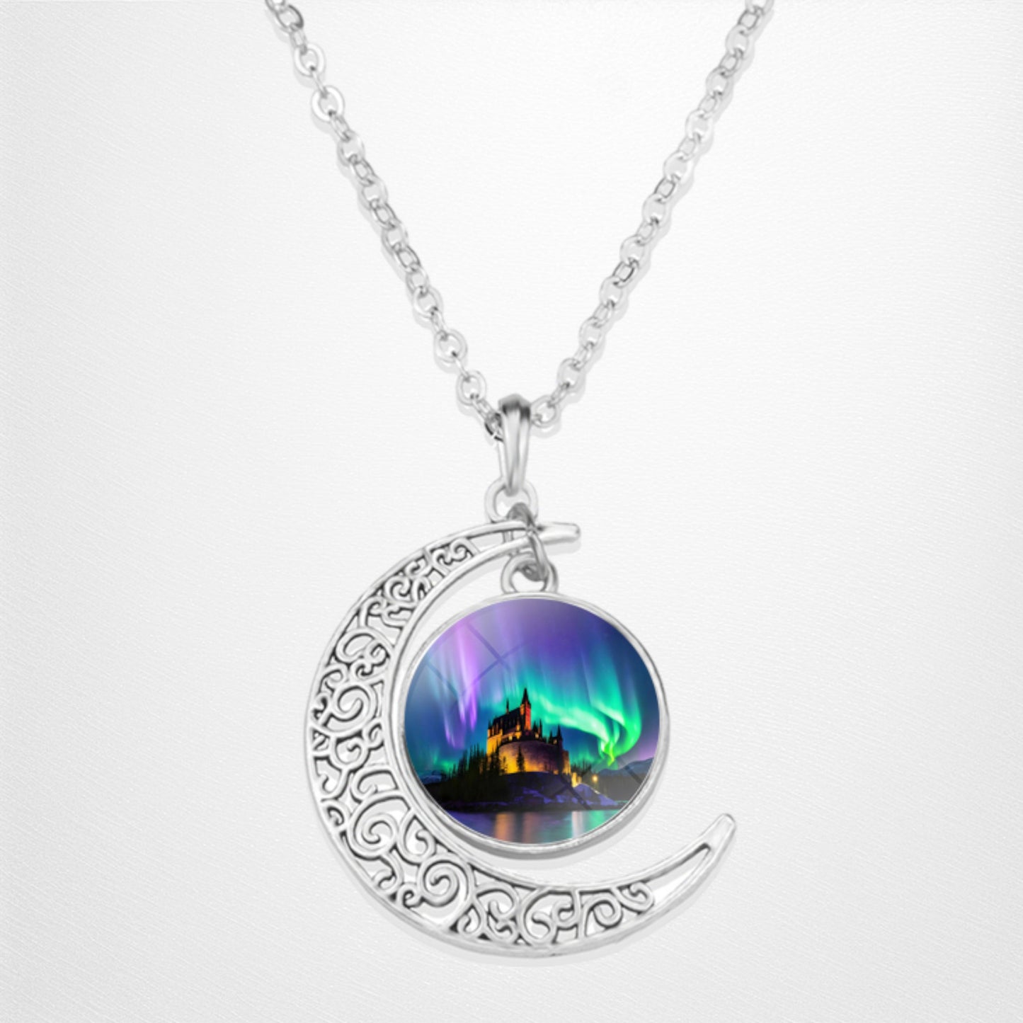 Luminous Aurora Borealis Crescent Necklace- Northern Light Jewelry - Unique Crescent Glass Cabochon Pendent Necklace - Perfect Aurora Lovers Gift