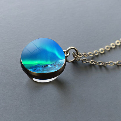 Luminous Aurora Borealis Silver Necklace- Northern Light Jewelry - Unique Double Side Glass Ball Pendent Necklace - Perfect Aurora Lovers Gift