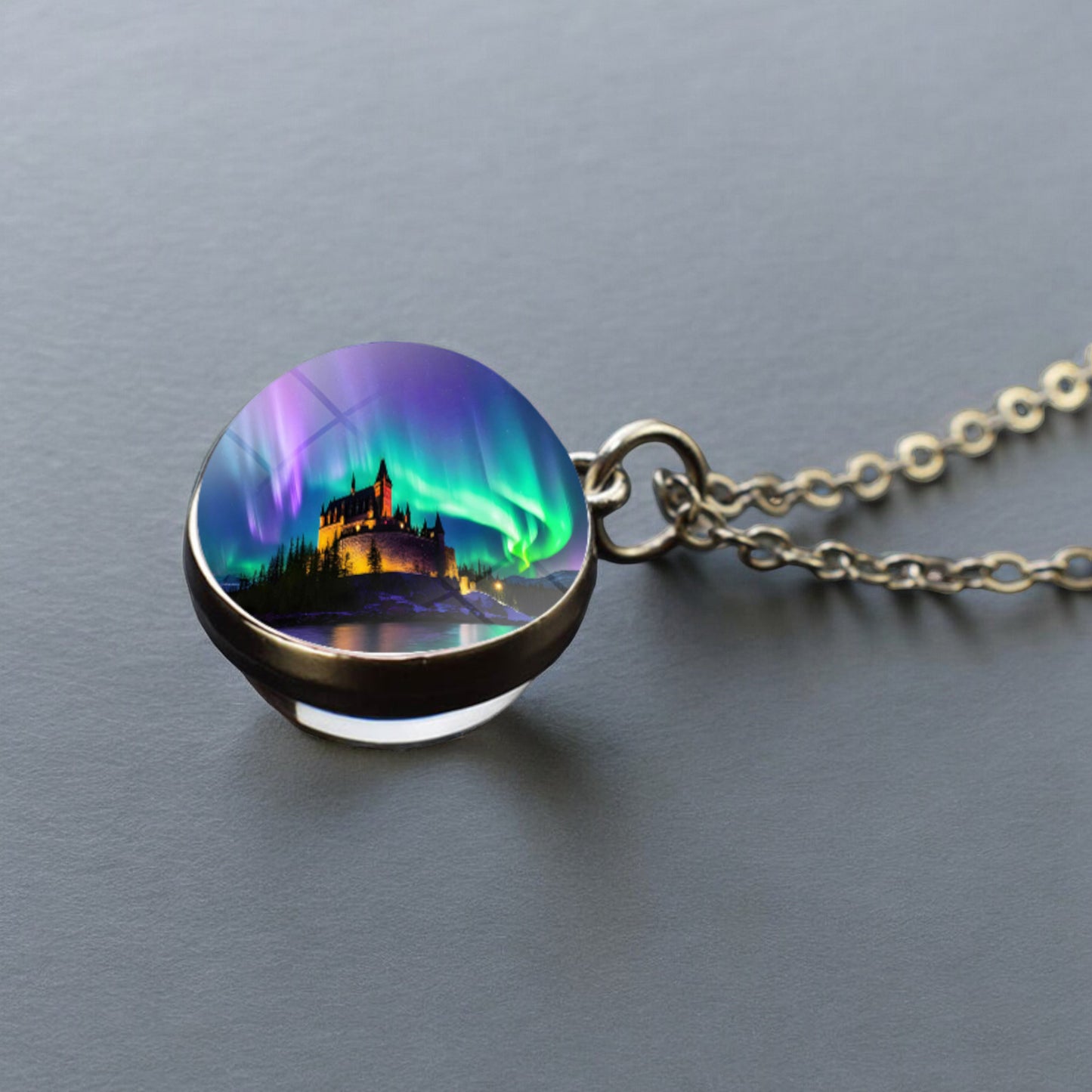 Luminous Aurora Borealis Silver Necklace- Northern Light Jewelry - Unique Double Side Glass Ball Pendent Necklace - Perfect Aurora Lovers Gift