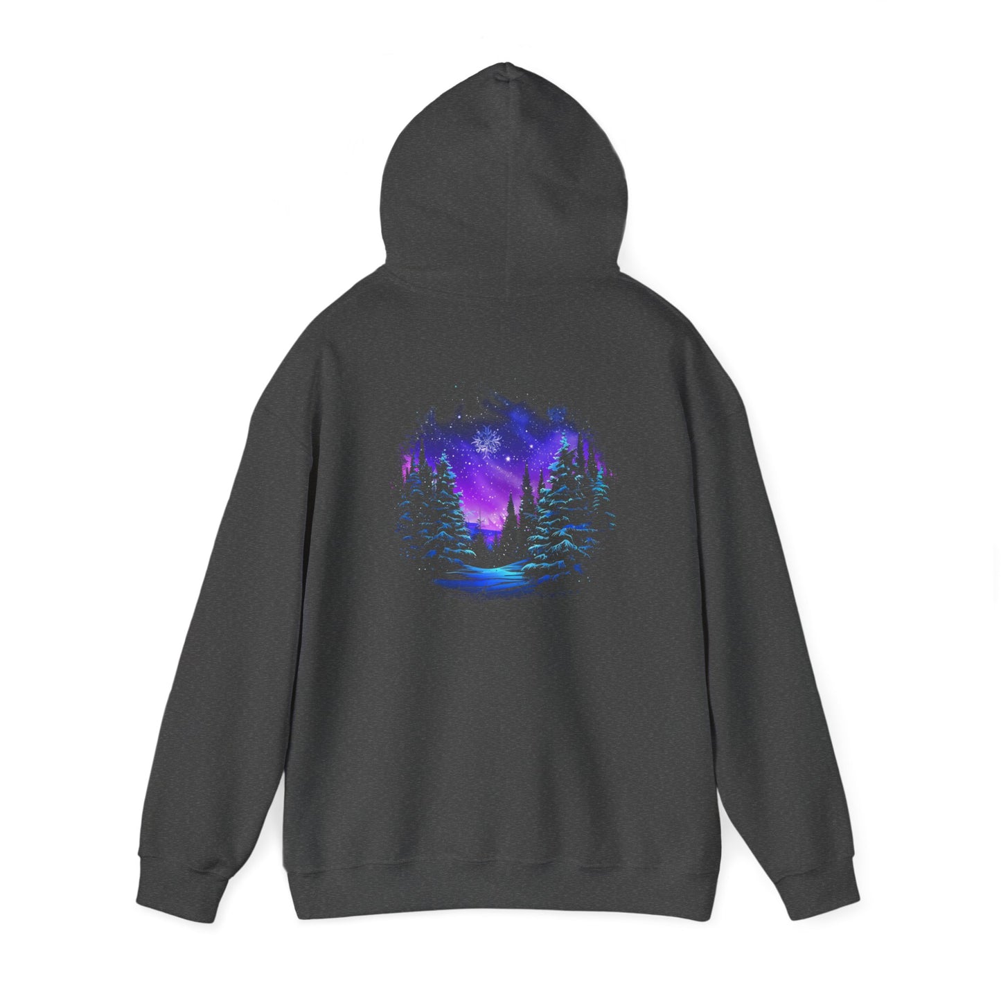 Aurora Borealis Unisex Heavy Blend™ Hooded Sweatshirt (Back design) - Northern Lights Arctic Magical Night Starry Sky Forest Tree Snow Snowflake Nature Adventure - Autumn Fall T-shirt - Aurora Gift