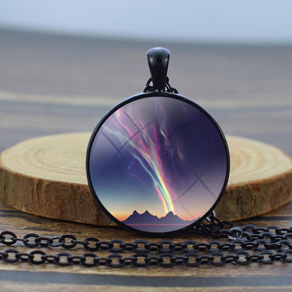 Luminous Aurora Borealis Black Necklace - Northern Light Jewelry - Unique Glass Dome Pendent Necklace - Perfect Aurora Lovers Gift