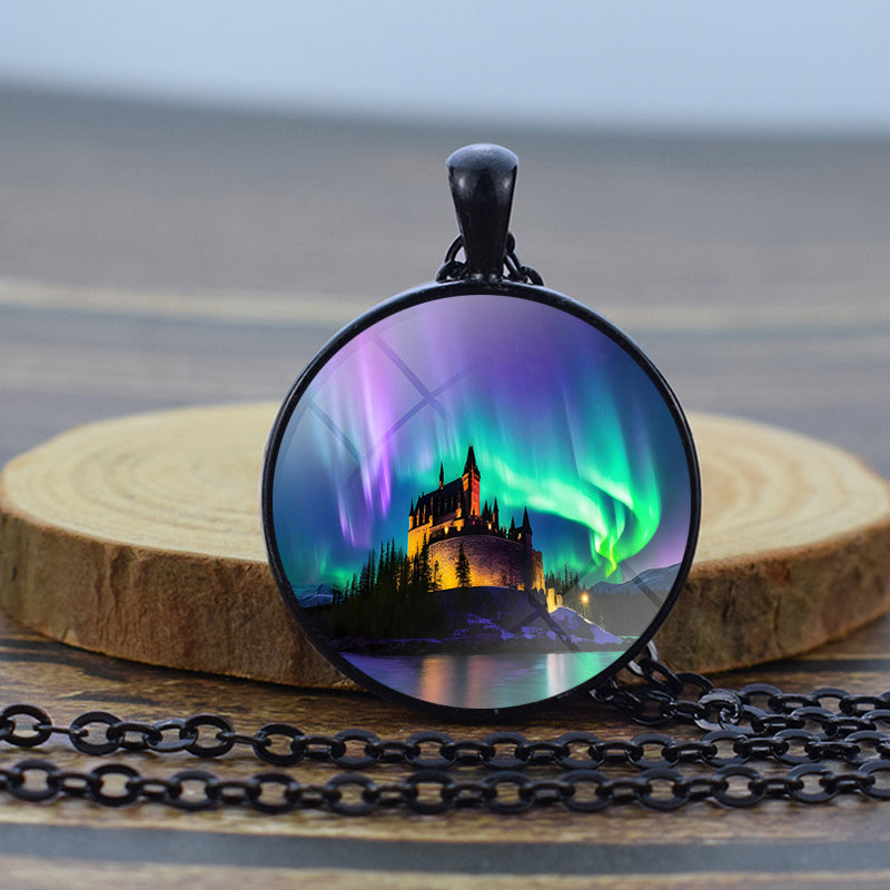 Luminous Aurora Borealis Black Necklace - Northern Light Jewelry - Unique Glass Dome Pendent Necklace - Perfect Aurora Lovers Gift