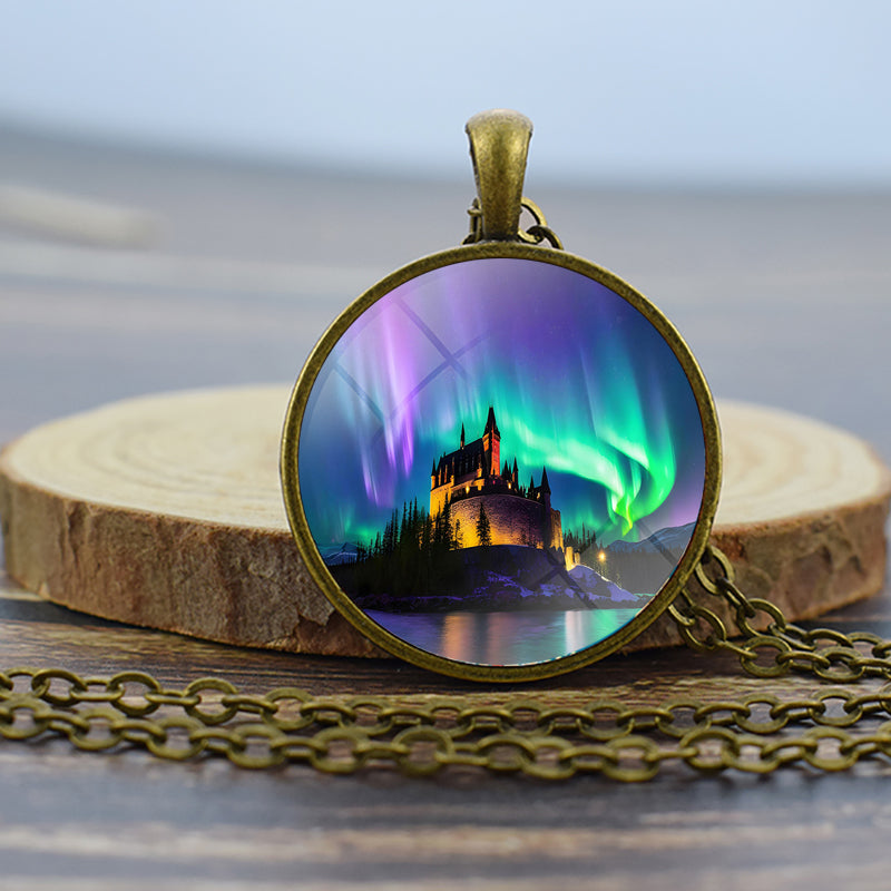 Collier en bronze lumineux Aurora Borealis - Bijoux Northern Light - Collier pendentif dôme en verre unique - Cadeau parfait pour les amoureux des aurores boréales