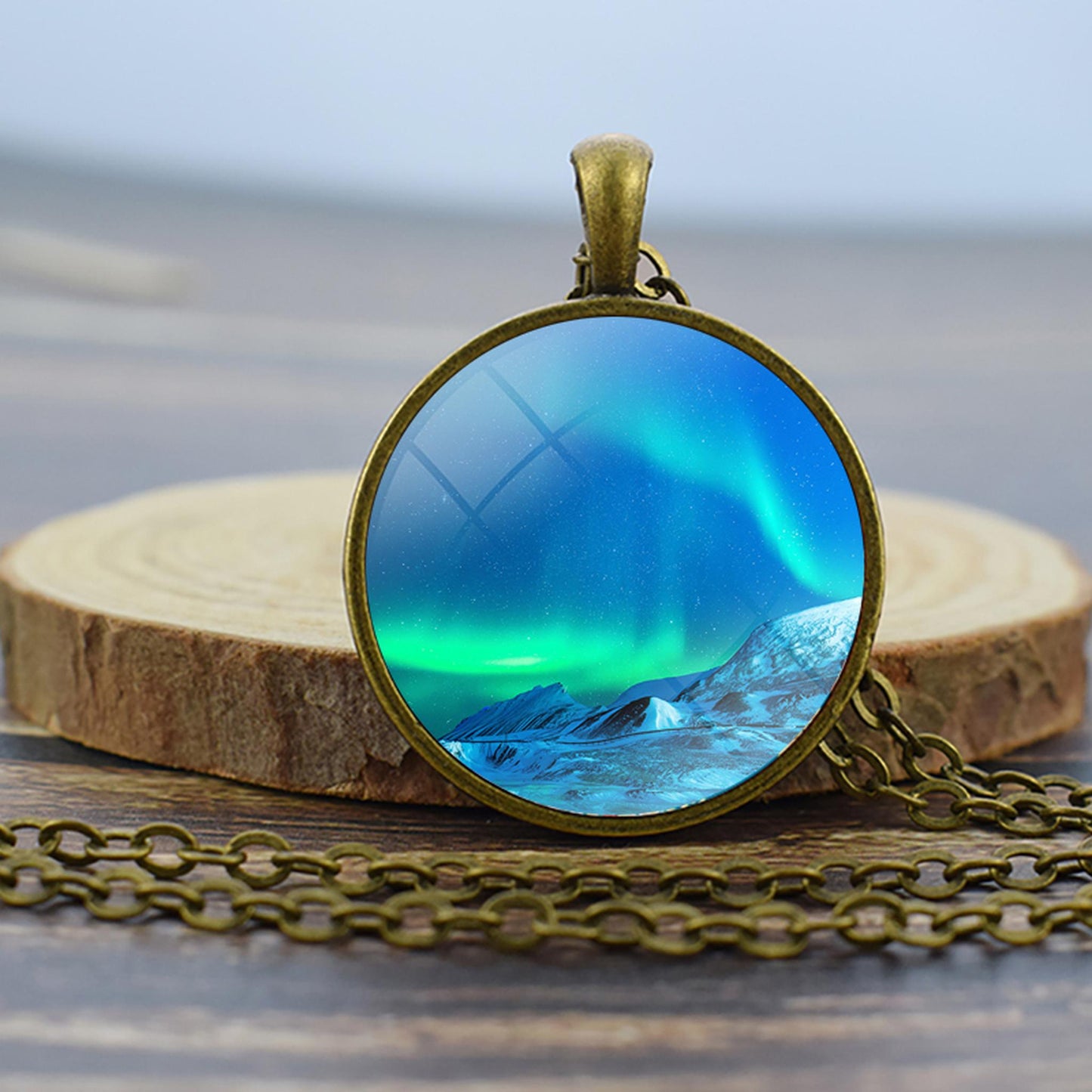 Luminous Aurora Borealis Bronze Necklace - Northern Light Jewelry - Unique Glass Dome Pendent Necklace - Perfect Aurora Lovers Gift