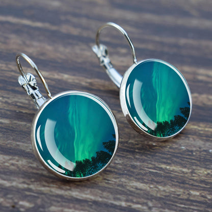 Luminous Aurora Borealis Hook Earrings - Northern Lights Jewelry - Unique Glass Cabochon Drop Earrings - Perfect Aurora Lovers Gift