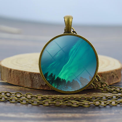 Luminous Aurora Borealis Bronze Necklace - Northern Light Jewelry - Unique Glass Dome Pendent Necklace - Perfect Aurora Lovers Gift