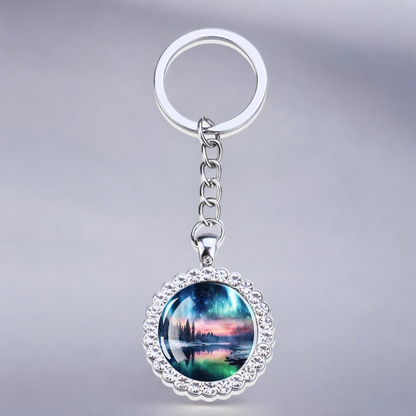 Luminous Aurora Borealis Silver Keyring - Northern Light Jewelry - Rhinestones Glass Key Chain - Perfect Aurora Lovers Gift