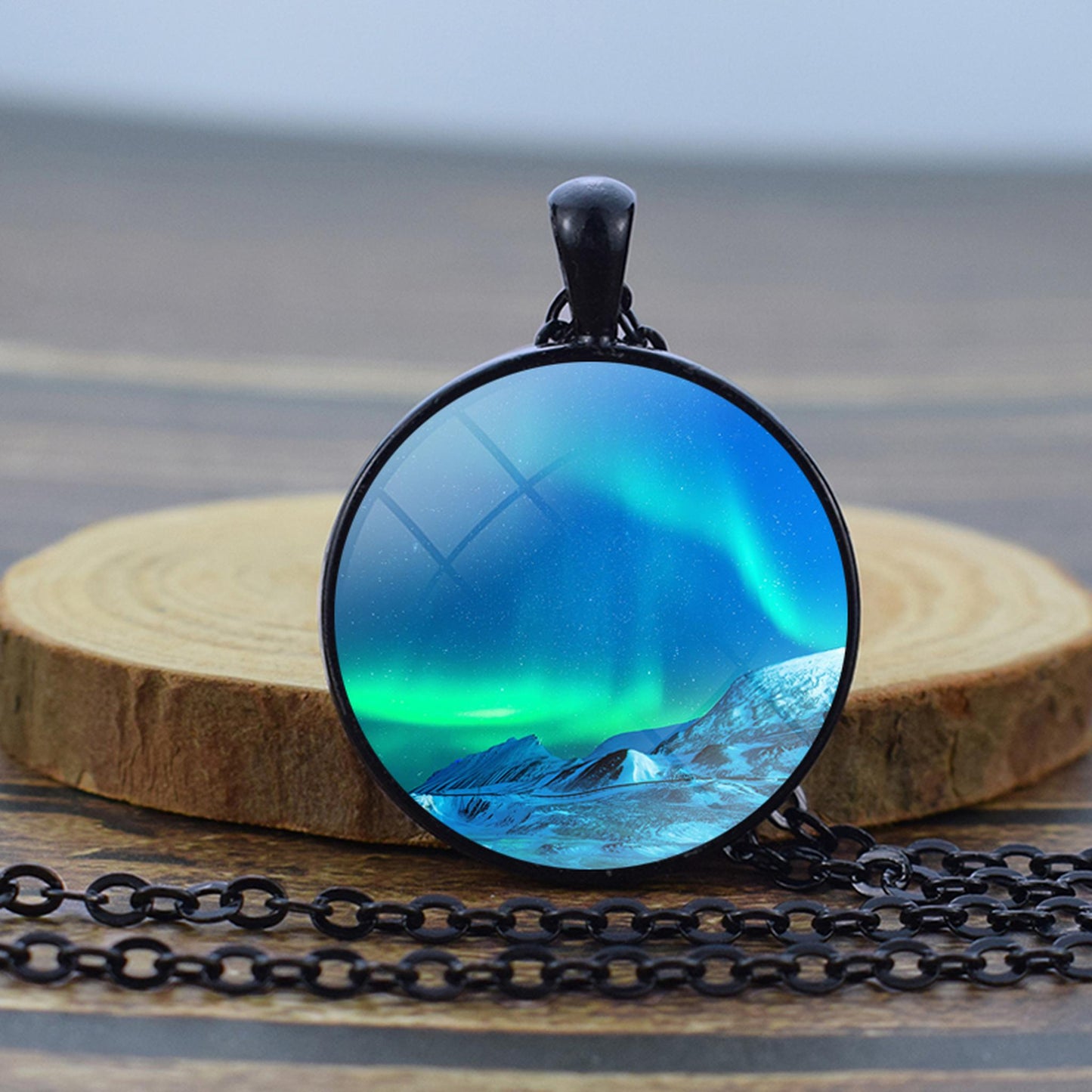 Luminous Aurora Borealis Black Necklace - Northern Light Jewelry - Unique Glass Dome Pendent Necklace - Perfect Aurora Lovers Gift