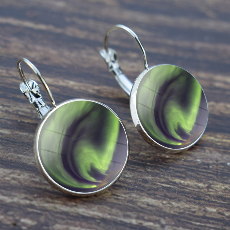 Luminous Aurora Borealis Hook Earrings - Northern Lights Jewelry - Unique Glass Cabochon Drop Earrings - Perfect Aurora Lovers Gift