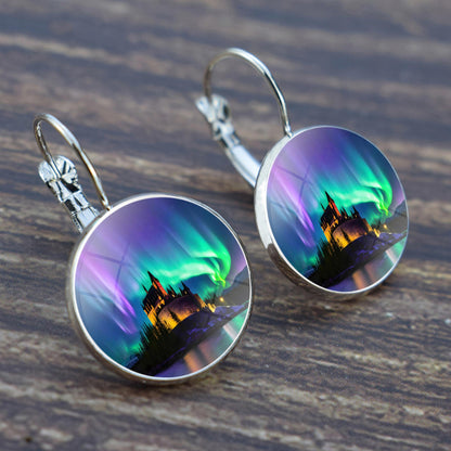 Luminous Aurora Borealis Hook Earrings - Northern Lights Jewelry - Unique Glass Cabochon Drop Earrings - Perfect Aurora Lovers Gift