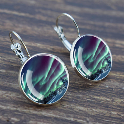 Luminous Aurora Borealis Hook Earrings - Northern Lights Jewelry - Unique Glass Cabochon Drop Earrings - Perfect Aurora Lovers Gift