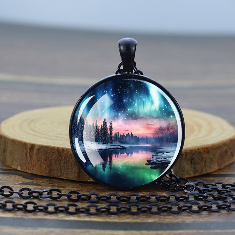 Luminous Aurora Borealis Black Necklace - Northern Light Jewelry - Unique Glass Dome Pendent Necklace - Perfect Aurora Lovers Gift