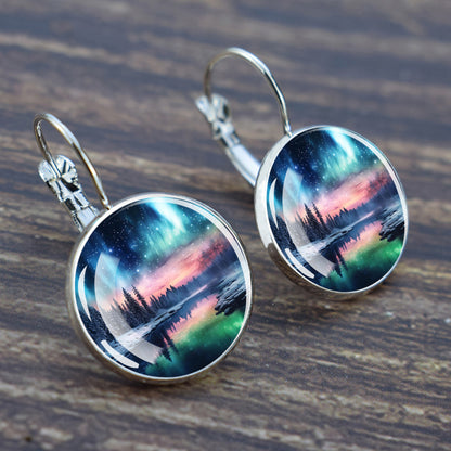 Luminous Aurora Borealis Hook Earrings - Northern Lights Jewelry - Unique Glass Cabochon Drop Earrings - Perfect Aurora Lovers Gift