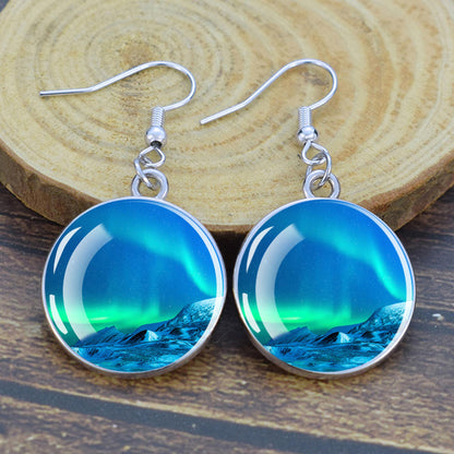 Pendientes colgantes luminosos de aurora boreal - Joyería de aurora boreal - Pendientes colgantes de cabujón de vidrio únicos - Regalo perfecto para los amantes de la aurora