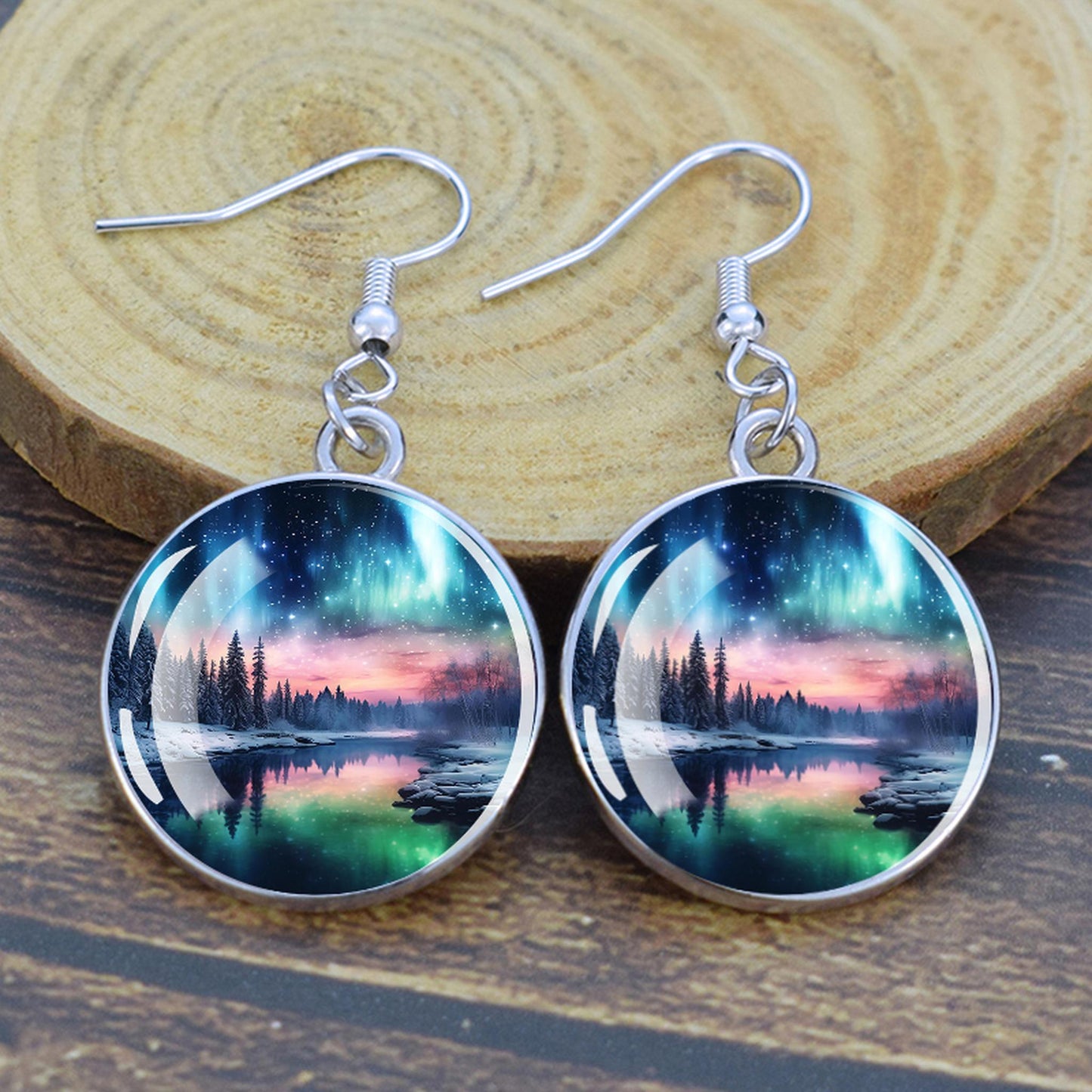 Luminous Aurora Borealis Drop Earrings - Northern Lights Jewelry - Unique Glass Cabochon Dangle Earrings - Perfect Aurora Lovers Gift