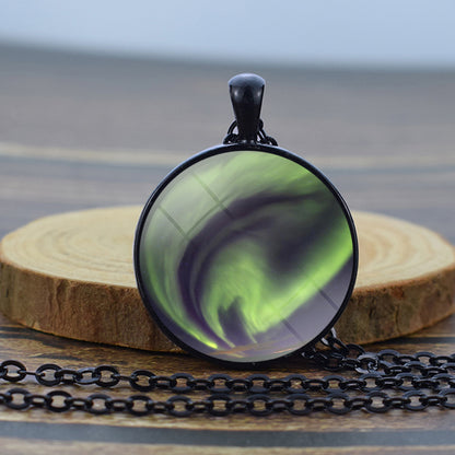 Luminous Aurora Borealis Black Necklace - Northern Light Jewelry - Unique Glass Dome Pendent Necklace - Perfect Aurora Lovers Gift