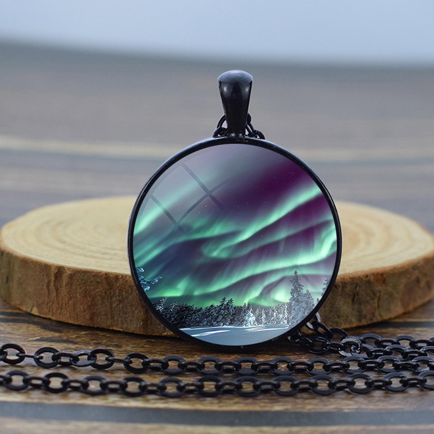 Luminous Aurora Borealis Black Necklace - Northern Light Jewelry - Unique Glass Dome Pendent Necklace - Perfect Aurora Lovers Gift