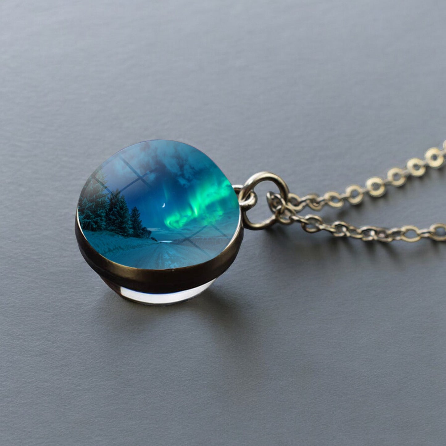 Luminous Aurora Borealis Silver Necklace- Northern Light Jewelry - Unique Double Side Glass Ball Pendent Necklace - Perfect Aurora Lovers Gift