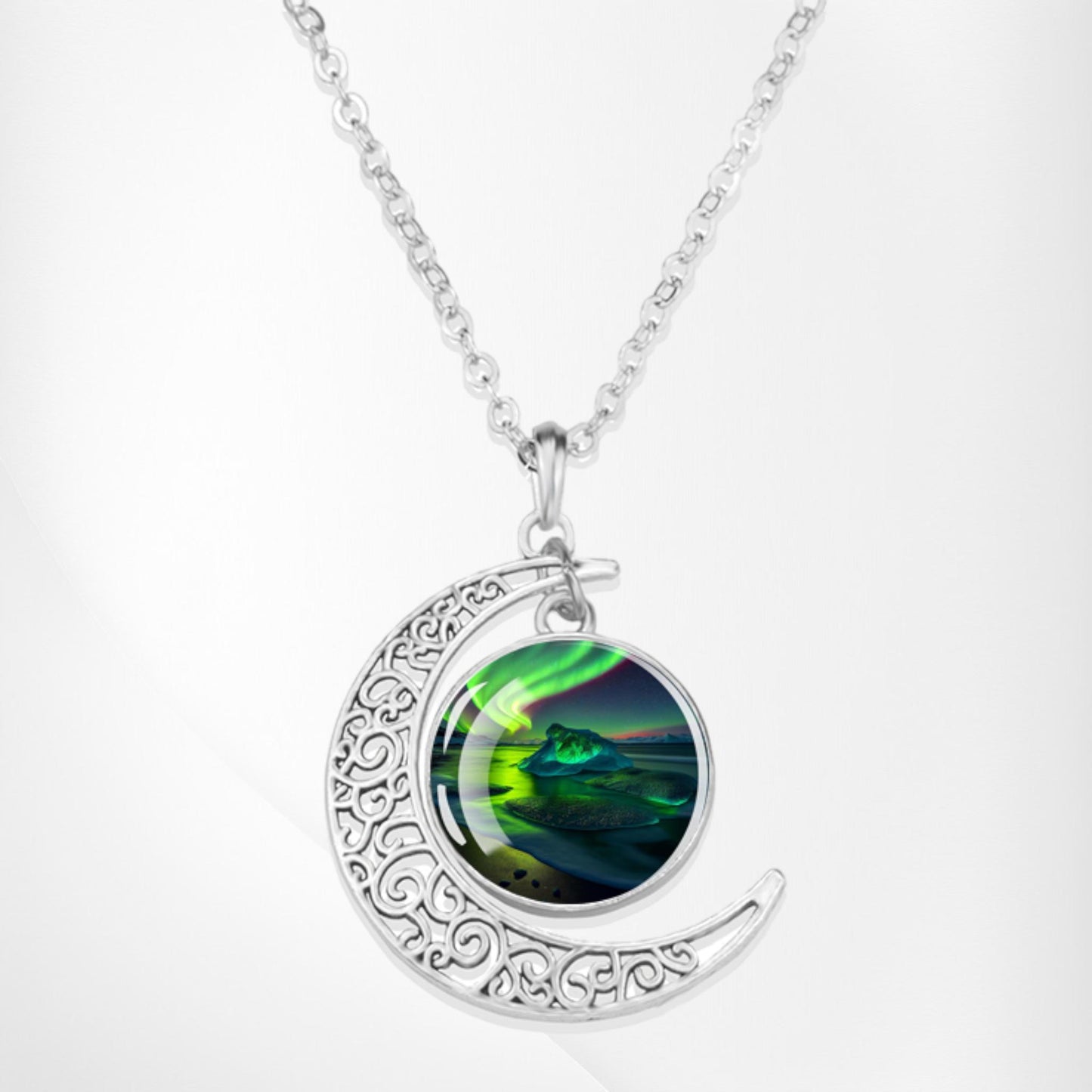 Luminous Aurora Borealis Crescent Necklace- Northern Light Jewelry - Unique Crescent Glass Cabochon Pendent Necklace - Perfect Aurora Lovers Gift