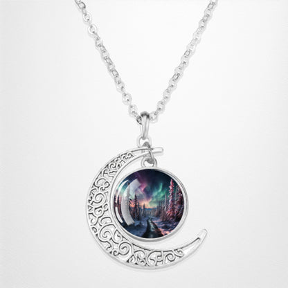 Collier lumineux Aurora Borealis Crescent - Bijoux Northern Light - Collier pendentif cabochon en verre croissant unique - Cadeau parfait pour les amoureux des aurores boréales 