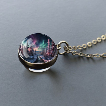 Luminous Aurora Borealis Silver Necklace- Northern Light Jewelry - Unique Double Side Glass Ball Pendent Necklace - Perfect Aurora Lovers Gift