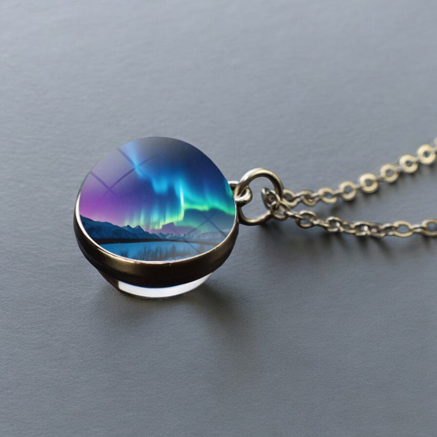 Luminous Aurora Borealis Silver Necklace- Northern Light Jewelry - Unique Double Side Glass Ball Pendent Necklace - Perfect Aurora Lovers Gift