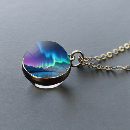 Luminous Aurora Borealis Silver Necklace- Northern Light Jewelry - Unique Double Side Glass Ball Pendent Necklace - Perfect Aurora Lovers Gift