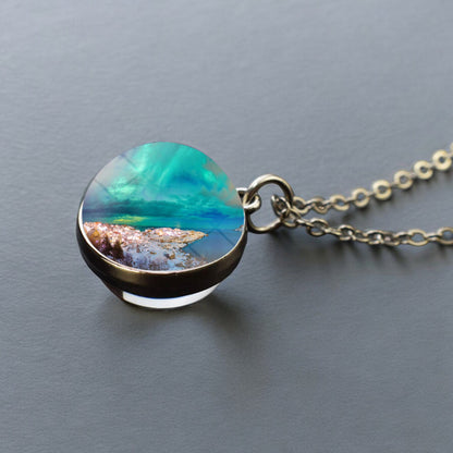 Collier en argent lumineux Aurora Borealis - Bijoux Northern Light - Collier pendentif unique en boule de verre double face - Cadeau parfait pour les amoureux des aurores boréales 