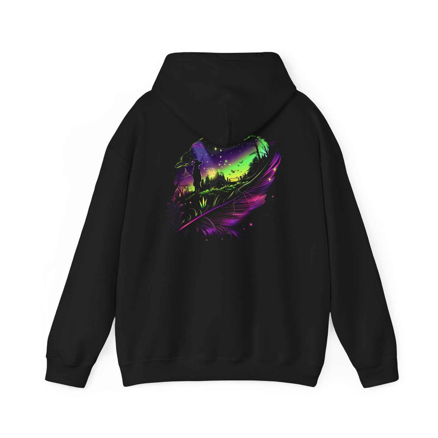 Aurora Borealis Unisex Heavy Blend™ Hooded Sweatshirt (Back design) - Northern Lights Arctic Feather Character Magical Night Starry Sky Field Tree Nature Adventure - Autumn Fall T-shirt - Aurora Gift