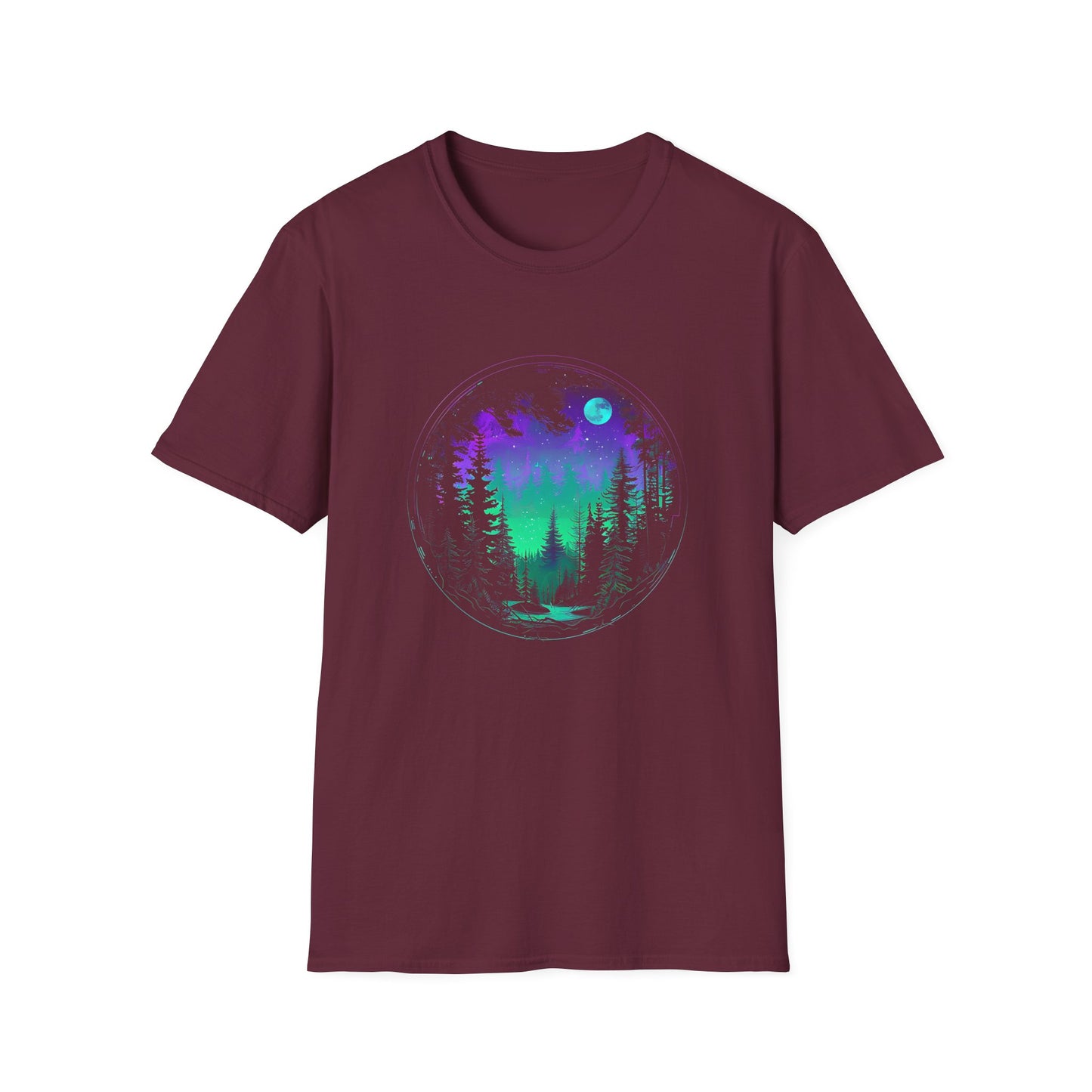 Aurora Borealis Unisex Softstyle T-Shirt - Gildan 64000 - Northern Lights Arctic Magical Night Starry Sky Moon Forest River Nature Adventure - Autumn Fall T-shirt - Aurora Gift