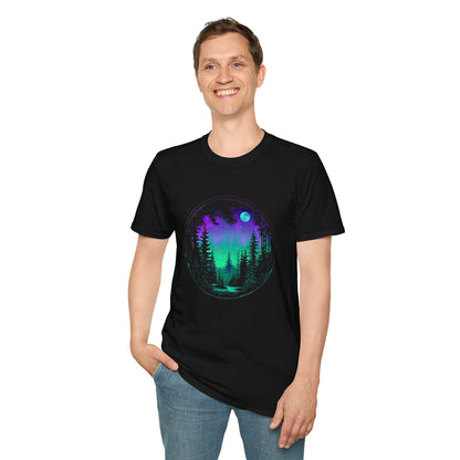 Aurora Borealis Unisex Softstyle T-Shirt - Gildan 64000 - Northern Lights Arctic Magical Night Starry Sky Moon Forest River Nature Adventure - Autumn Fall T-shirt - Aurora Gift