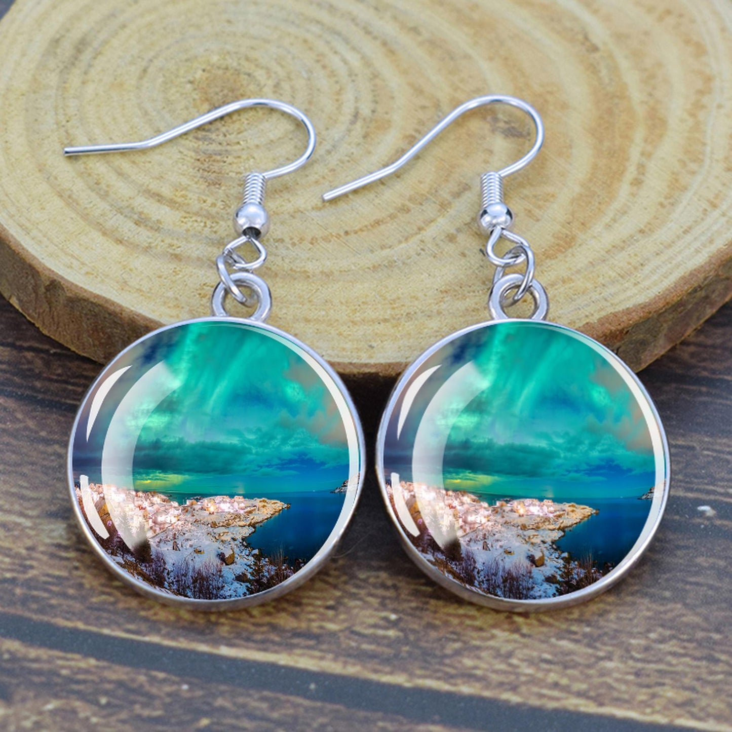 Luminous Aurora Borealis Drop Earrings - Northern Lights Jewelry - Unique Glass Cabochon Dangle Earrings - Perfect Aurora Lovers Gift