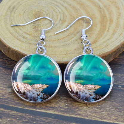 Gaismas Aurora Borealis Drop Auskari - Ziemeļblāzmas rotaslietas - Unikāli stikla Cabochon Dangle Auskari - Perfekta Aurora Lovers dāvana