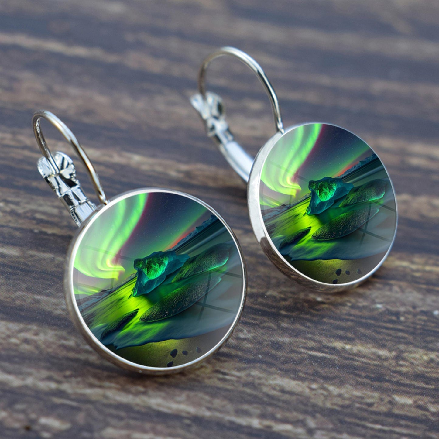 Luminous Aurora Borealis Hook Earrings - Northern Lights Jewelry - Unique Glass Cabochon Drop Earrings - Perfect Aurora Lovers Gift