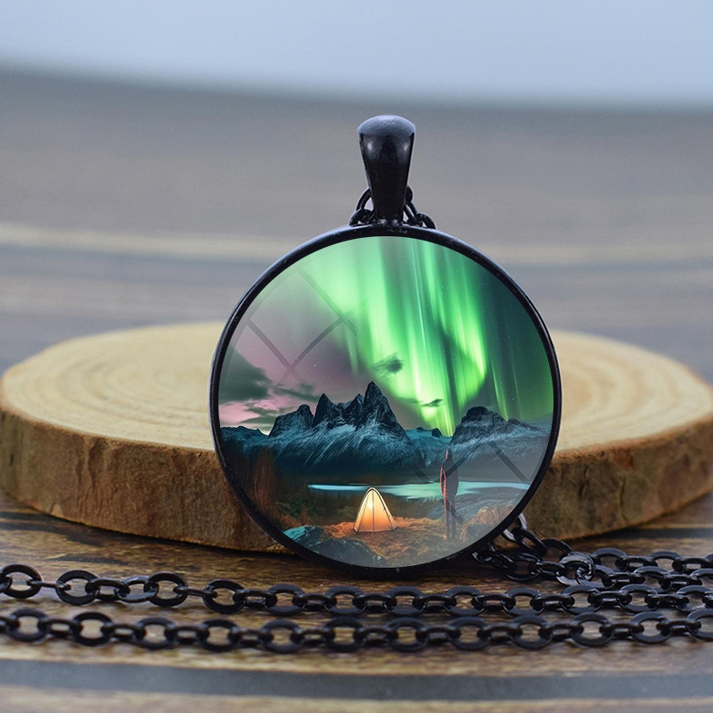 Luminous Aurora Borealis Black Necklace - Northern Light Jewelry - Unique Glass Dome Pendent Necklace - Perfect Aurora Lovers Gift