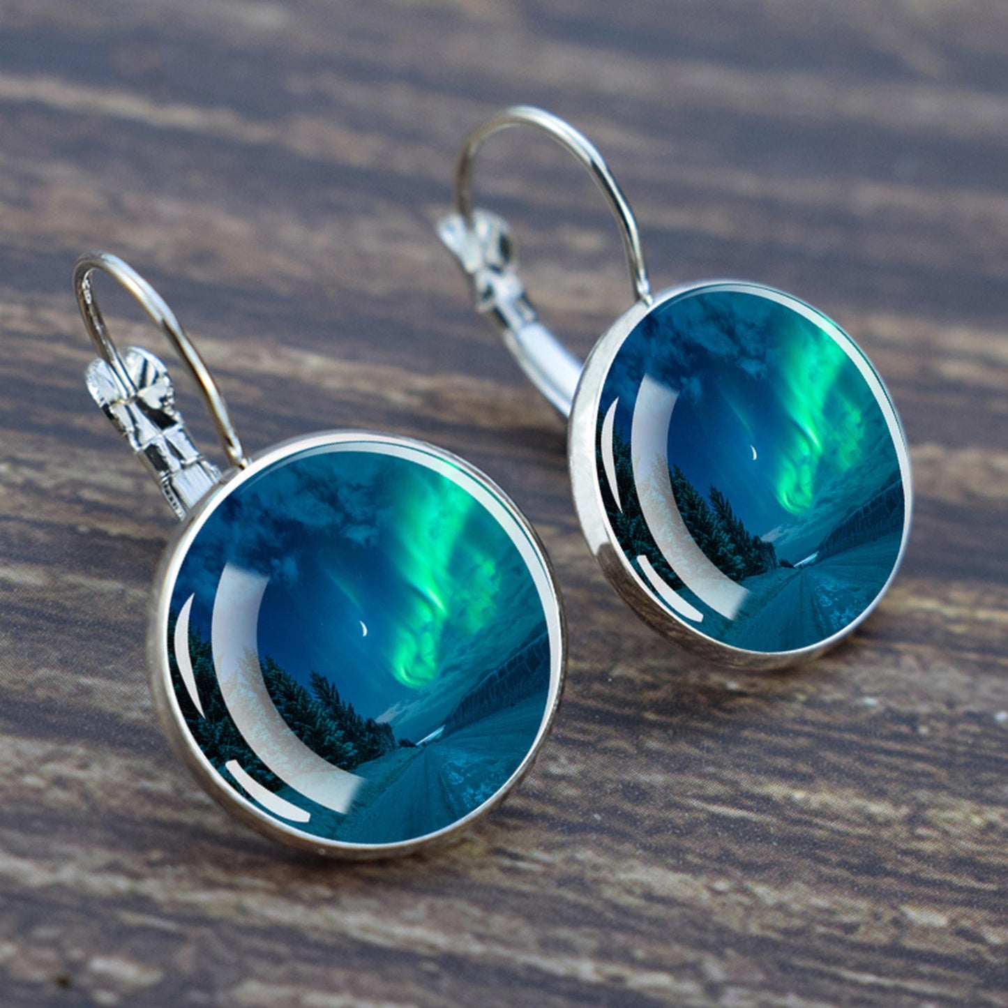 Luminous Aurora Borealis Hook Earrings - Northern Lights Jewelry - Unique Glass Cabochon Drop Earrings - Perfect Aurora Lovers Gift