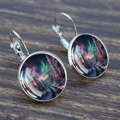 Luminous Aurora Borealis Hook Earrings - Northern Lights Jewelry - Unique Glass Cabochon Drop Earrings - Perfect Aurora Lovers Gift