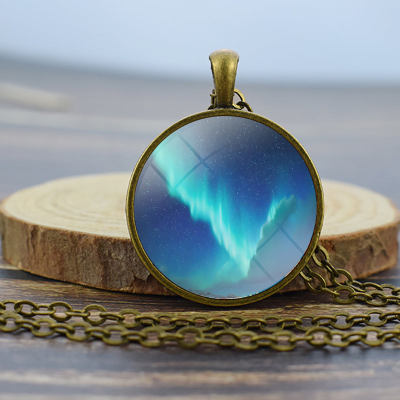 Luminous Aurora Borealis Bronze Necklace - Northern Light Jewelry - Unique Glass Dome Pendent Necklace - Perfect Aurora Lovers Gift