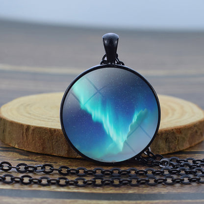 Luminous Aurora Borealis Black Necklace - Northern Light Jewelry - Unique Glass Dome Pendent Necklace - Perfect Aurora Lovers Gift