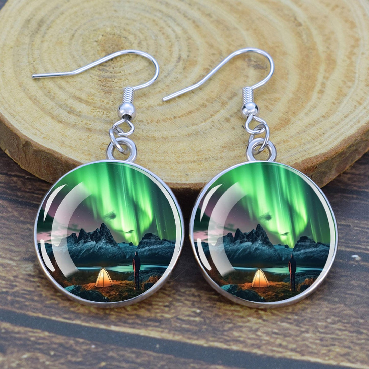 Gaismas Aurora Borealis Drop Auskari - Ziemeļblāzmas rotaslietas - Unikāli stikla Cabochon Dangle Auskari - Perfekta Aurora Lovers dāvana