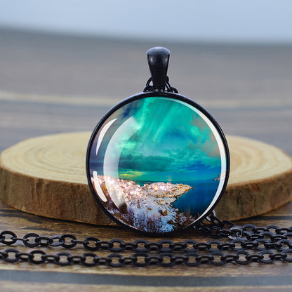 Luminous Aurora Borealis Black Necklace - Northern Light Jewelry - Unique Glass Dome Pendent Necklace - Perfect Aurora Lovers Gift